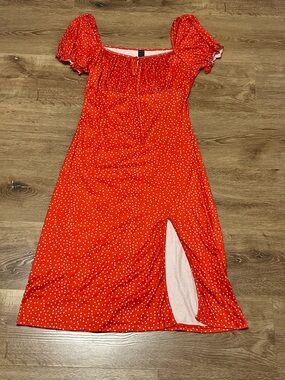 Red Polka Dot Puff Sleeve Midi Dress